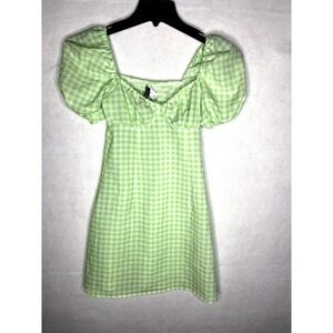 Puffed sleeve crepe dress green gingham sweetheart neckline flared a-line small